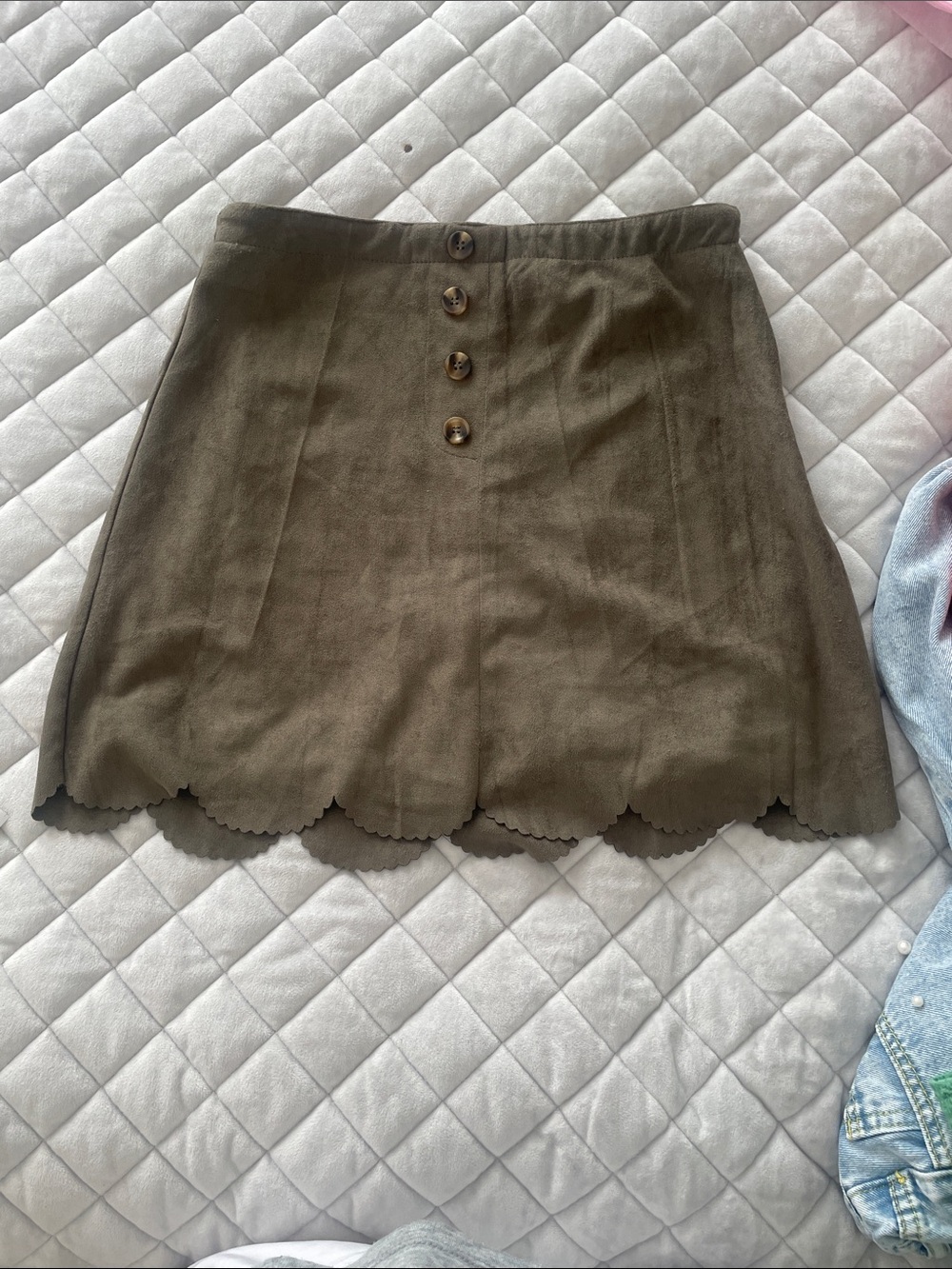 Olive Scallop Hem Button-Front Mini Skirt